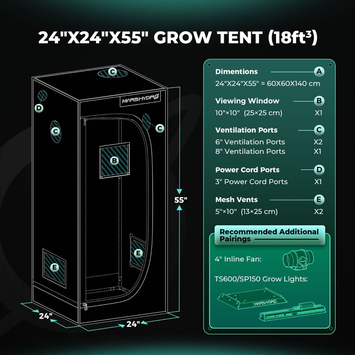 Mars Hydro TS 600 + 2'x2' Complete Indoor Grow Tent Kit with 4" iFresh Fan Kit