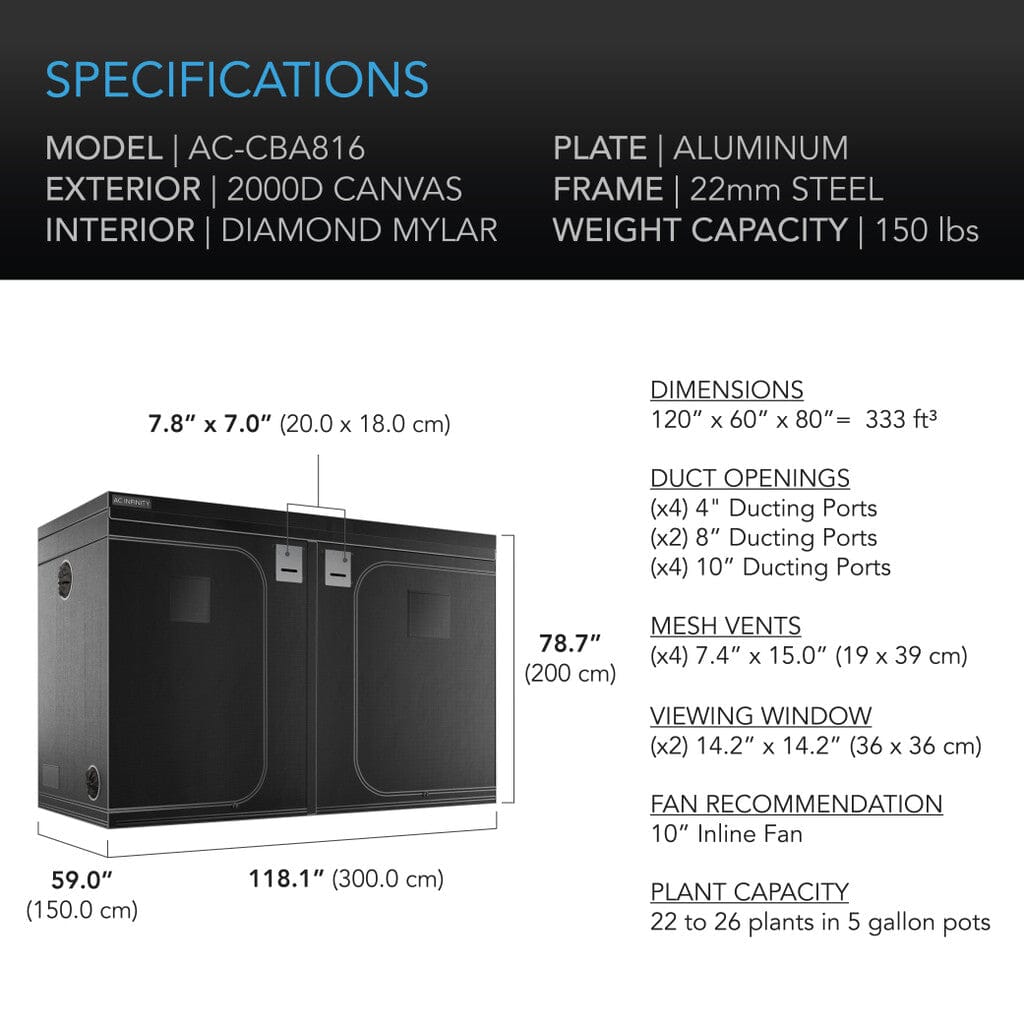 AC Infinity CLOUDLAB 816, Advance Grow Tent 10X5, 2000D Diamond Mylar Canvas, 120" X 60" X 80"