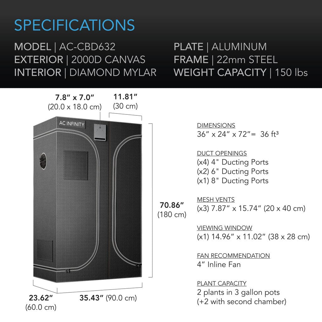 AC Infinity CLOUDLAB 632D, 2-In-1 Advance Grow Tent 3X2, 2000D Mylar Canvas, 36" X 24" X 72"