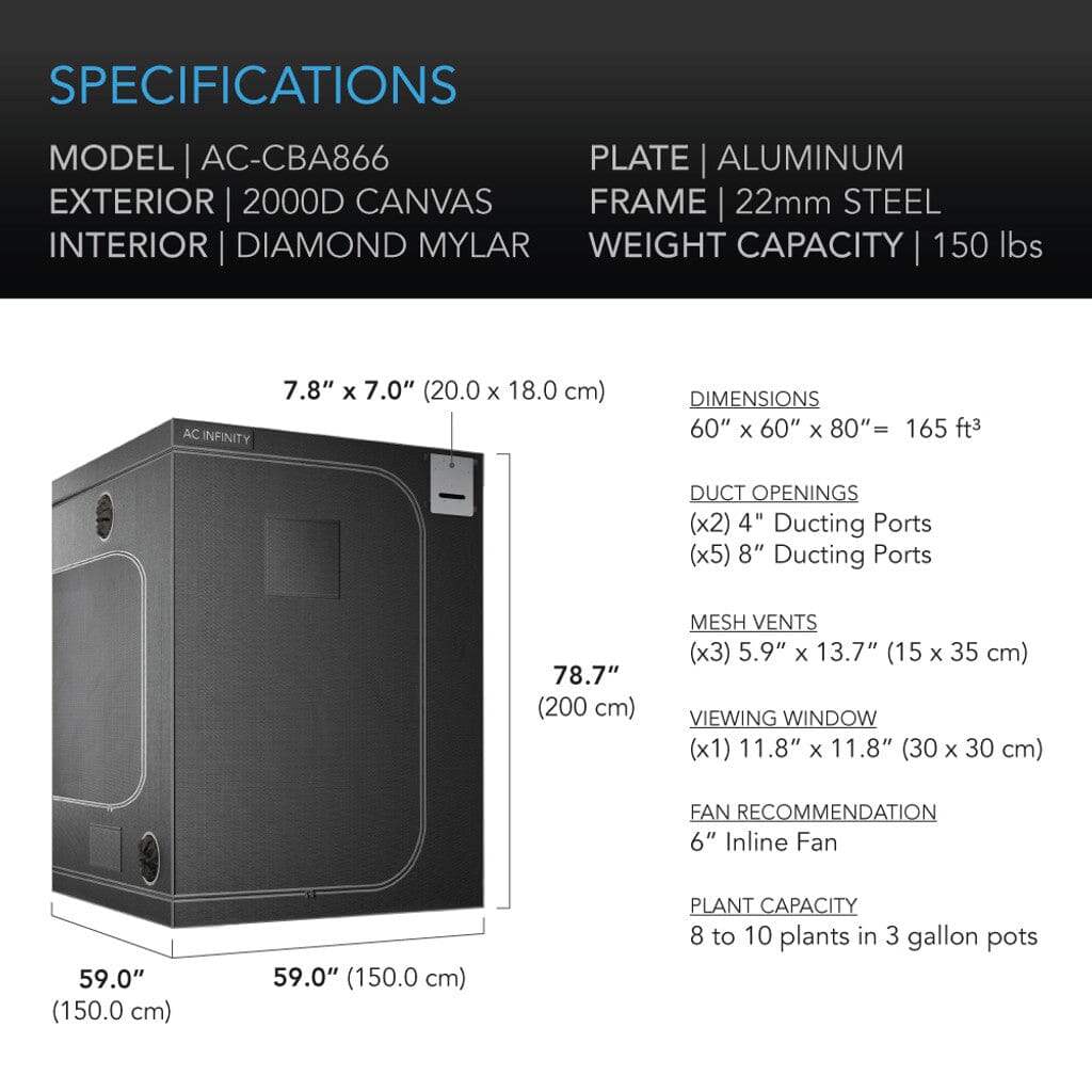 AC Infinity CLOUDLAB 866, Advance Grow Tent 5X5, 2000D Diamond Mylar Canvas, 60" X 60" X 80"