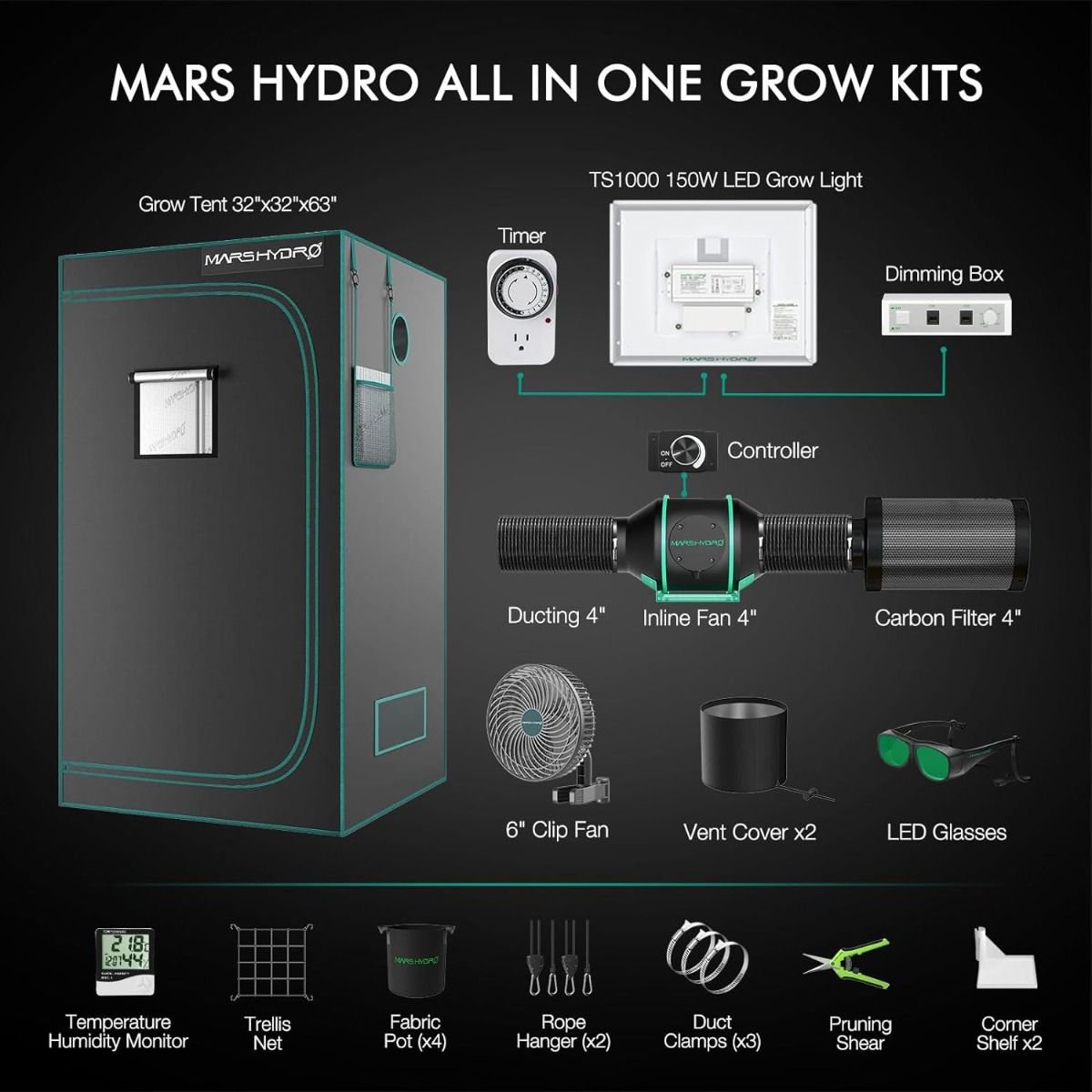 Mars Hydro TS 1000 + 2.3' x 2.3' Indoor Tent Complete Grow Kit