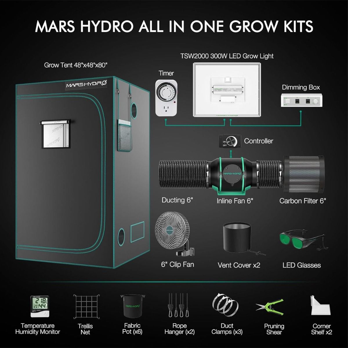 Mars Hydro TSW 2000 + 4'x4' Indoor Tent Complete Grow Kit