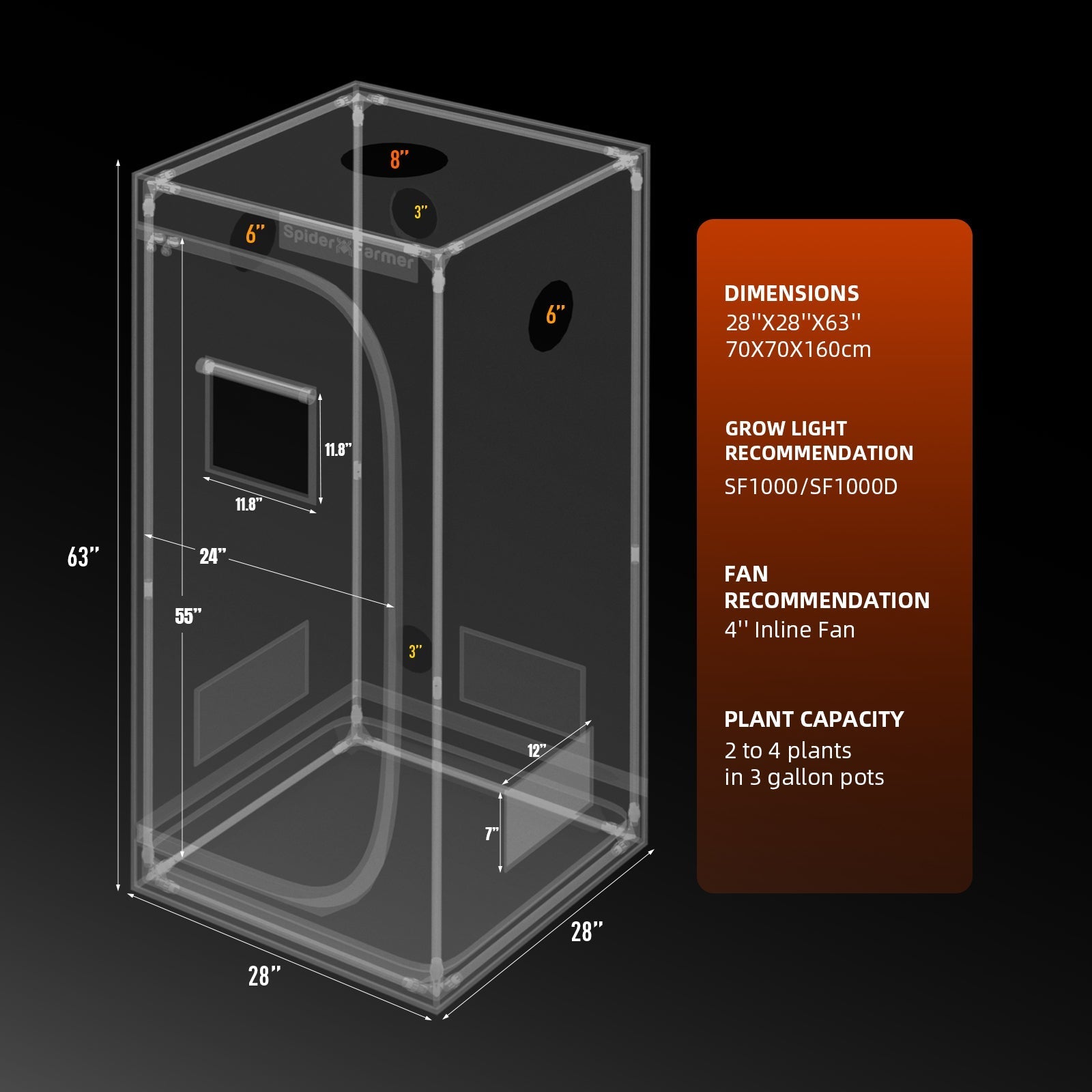 Spider Farmer® 2.3'x2.3'x5.2' 70cm x 70cm x 160cm Indoor Grow Tent