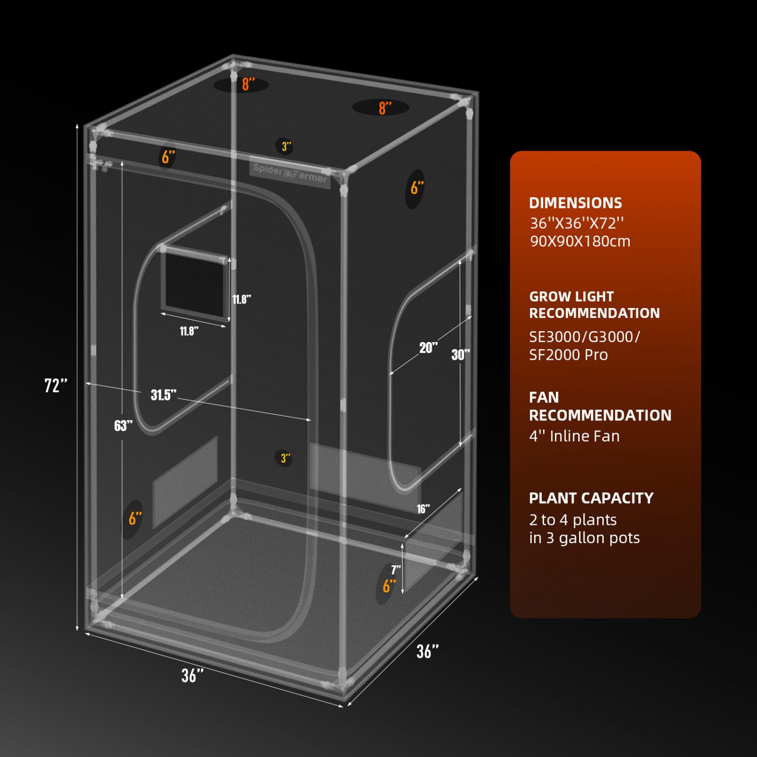 Spider Farmer® 3'x3'x6' 90cm x 90cm x 180cm Indoor Grow Tent (Free Grinder)