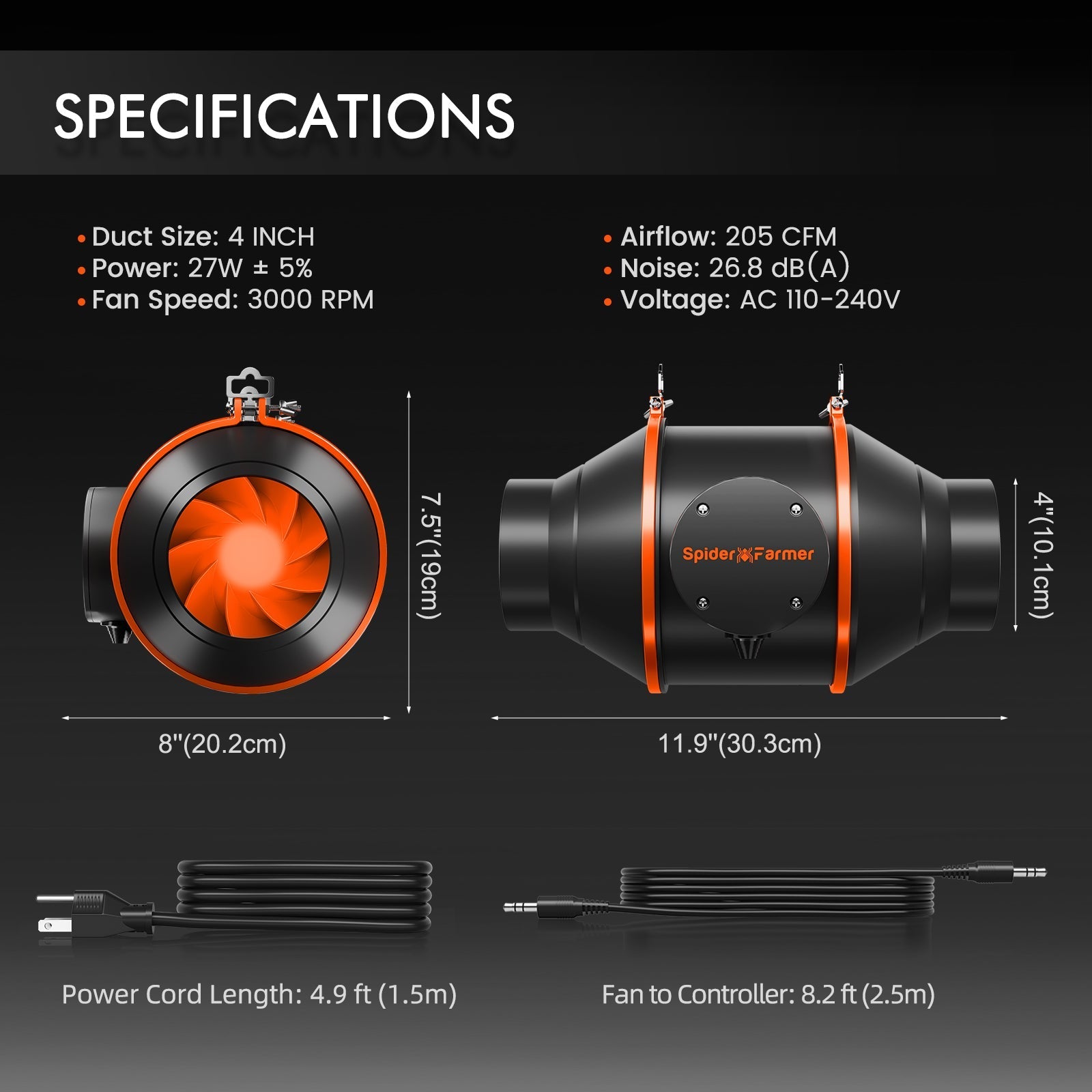 Spider Farmer® 4-Inch 205 CFM Inline Fan Kits with Speed Controller Grow Tent Ventilation System