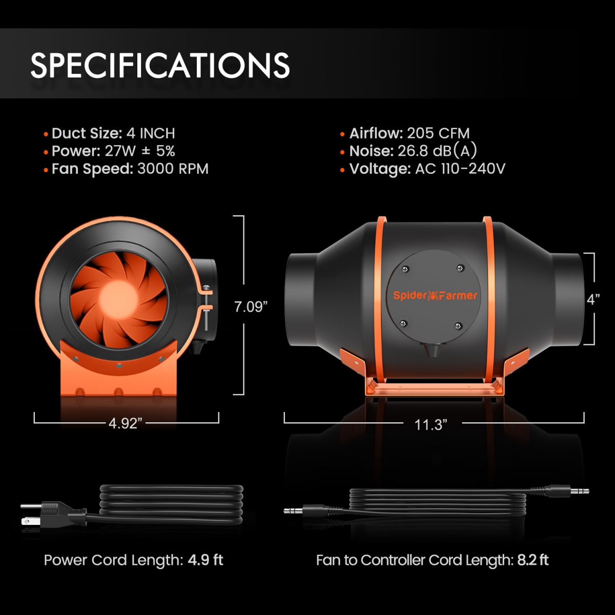 Spider Farmer® 4-Inch 205CFM Inline Fan with Smart Controller, Carbon Filter & Ducting Combo